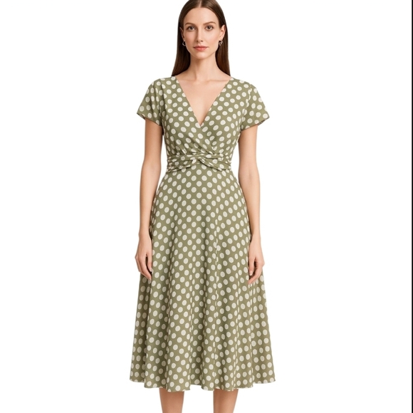 connected apparel Dresses & Skirts - Connected Apparel Olive Polka Dot Midi Dress